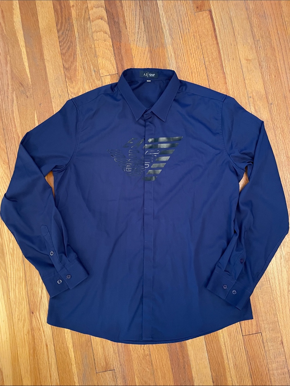 ARMANI JEANS Navy Long-Sleeve Logo Urban Streetwear Office Dress Shirt
